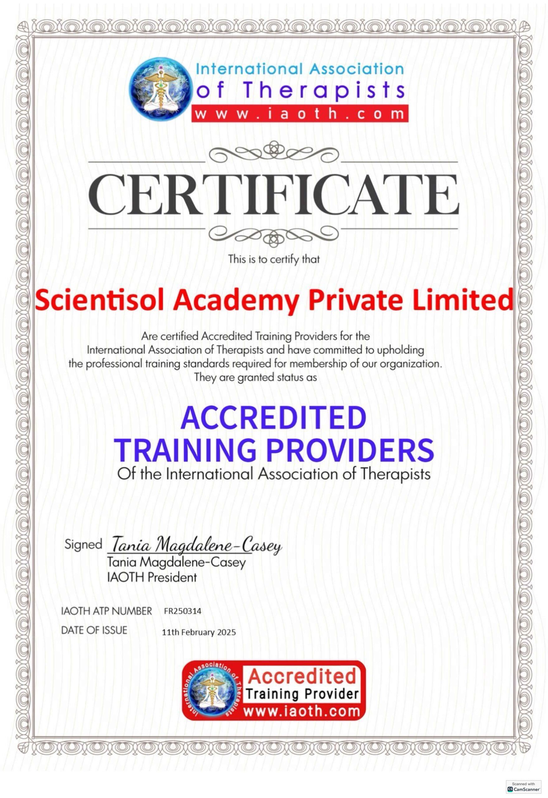 IAOTH Accreditation certificate for Kerala low carb academy